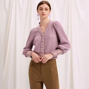 Petite Studio purple button sweater with floral detail